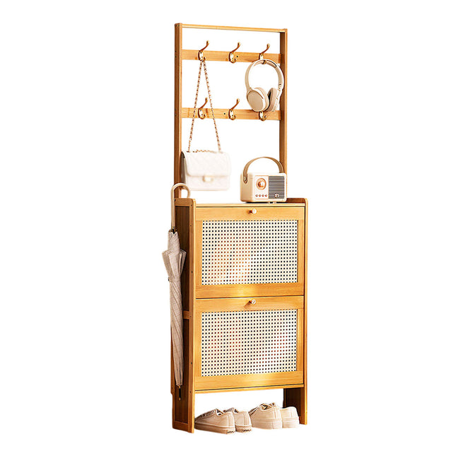 Slim Bamboo Shoe Cabinet Tipping Door with Hooks Entryway Shoe Rack