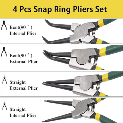 4 Piece Circlip Pliers Set 7 Inch Internal and External Straight and Bent Nose Tools