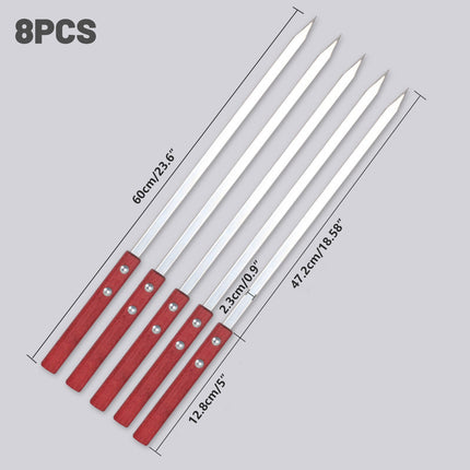 Stainless Steel BBQ Large Wooden Handle Flat Skewer Heat Resistant Easy Clean