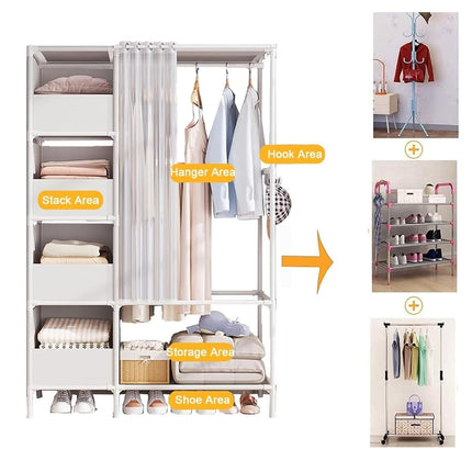 Simple Wardrobe with Curtain Large Capacity Storage Organizer for Home Bedroom