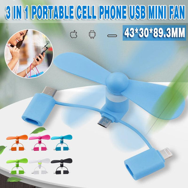 3 In 1 Portable Cell Phone USB Mini Fan For iPhone Android TypeC Mobile Model - Aimall