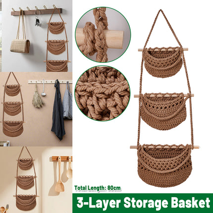 3-Tier Wall-Mounted Storage Basket Cotton Rope Brown Bohemian Woven