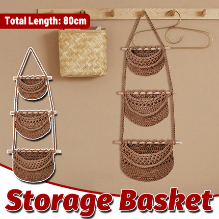 3-Tier Wall-Mounted Storage Basket Cotton Rope Brown Bohemian Woven