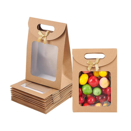 24PCS Kraft Paper Gift Bag Window Handheld Bow Clamshell Packaging Shopping Bag