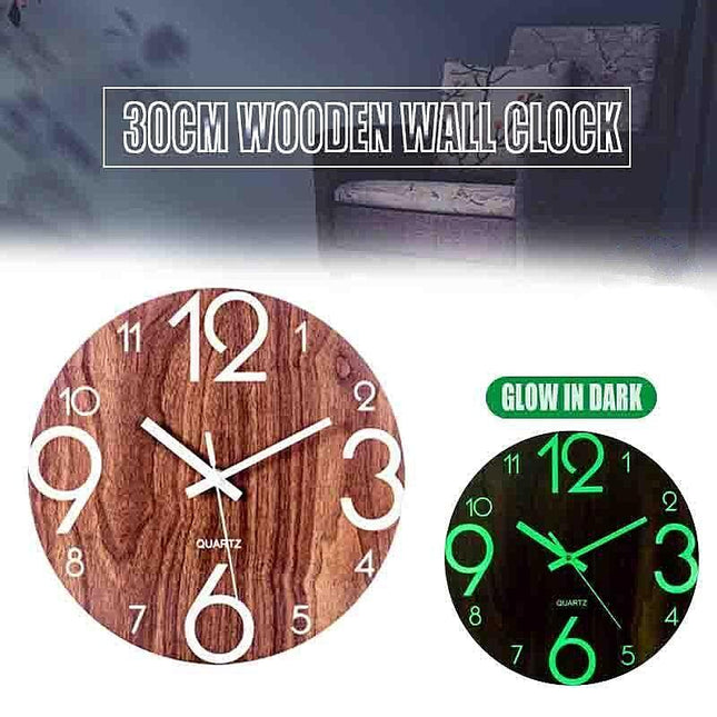 Glow In Dark Wall Clock Luminous Quartz Wooden Non Ticking Home Decor 12''/30Cm - Aimall