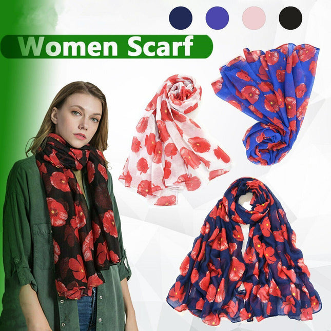 Women Ladies Poppy Print Floral Scarf Remembrance Day Poppies Scarves Wrap Shawl - Aimall