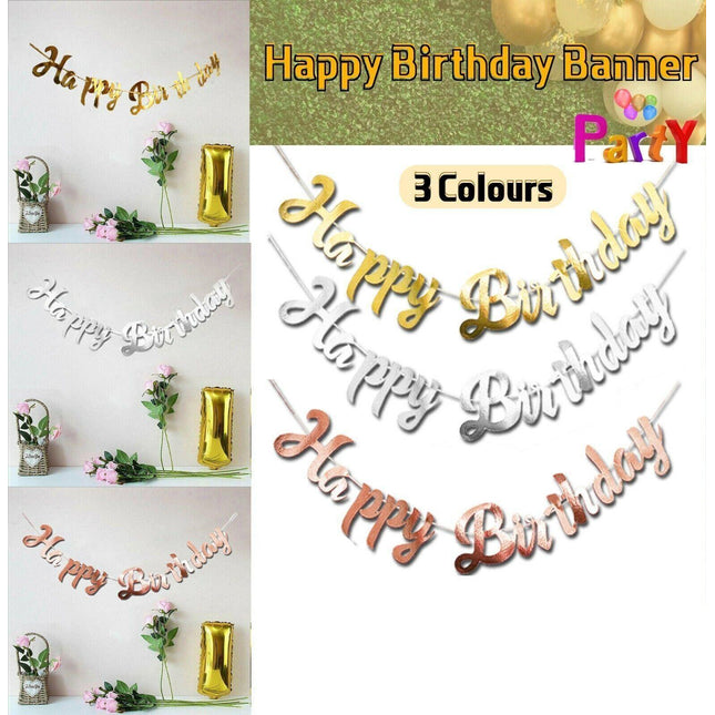 Rose Gold/Gold/Silver Happy Birthday Banner Bunting Garland Party Decorations Au Aimall