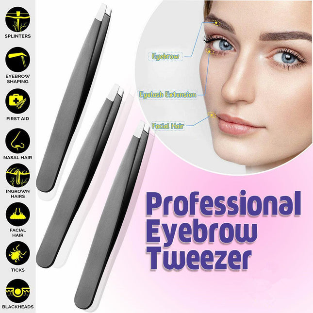 3 Pcs Professional Slanted Tip Eyebrow Tweezers Stainless Steel Beauty Tweezer - Aimall
