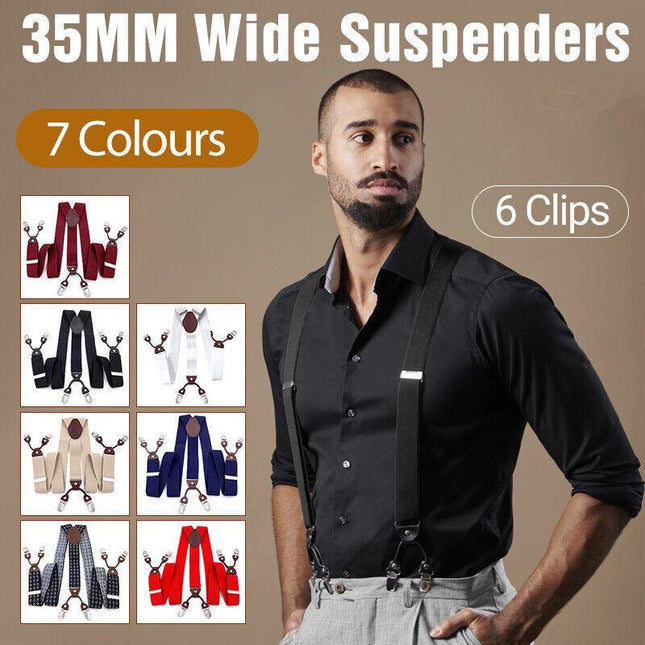 Men'S 35Mm Wide Suspenders 6 Clips Adjustable Elastic Leather Braces Trousers - Aimall