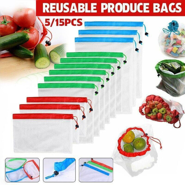 Up 15X Eco Friendly Reusable Mesh Produce Bags Superior Double Stitched Strength - Aimall