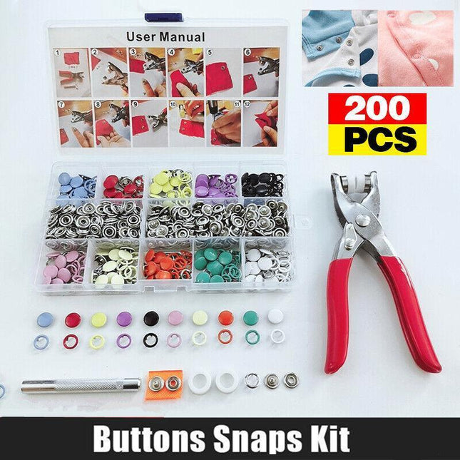 200 Sets Snaps Fasteners Sewing Buttons Metal Press Studs Tools Kit Plier Snap - Aimall