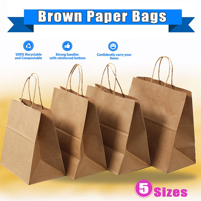 50X Kraft Paper Bags Gift Shopping Carry Craft Brown Bag With Handles