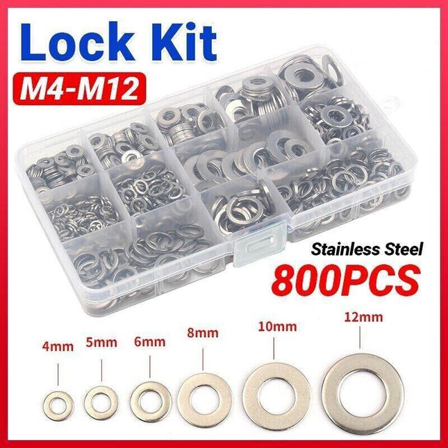 800Pcs M4~M12 Flat& Spring Washers Pad Stainless Steel Assortment Metal Lock Kit - Aimall