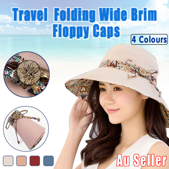Wide Brim Sun Hat for Women Foldable Floppy Beach Cap with Bow Travel Style