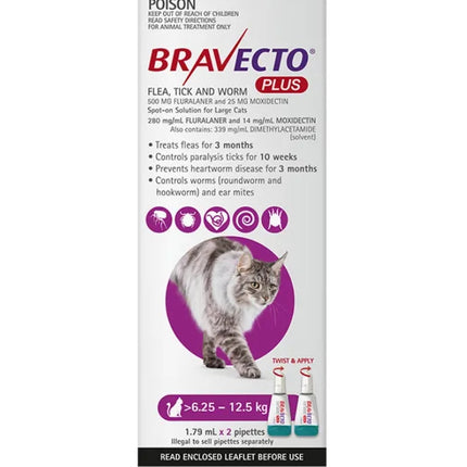 Bravecto Plus 6250-1250g Cat Flea Tick & Worm 2 X PIP 3 Months