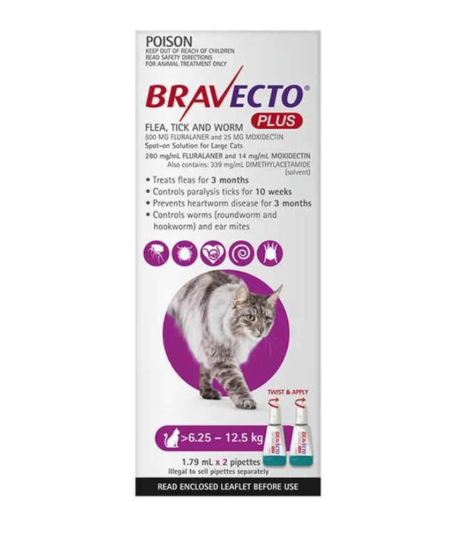 Bravecto Plus 6250-1250g Cat Flea Tick & Worm 2 X PIP 3 Months