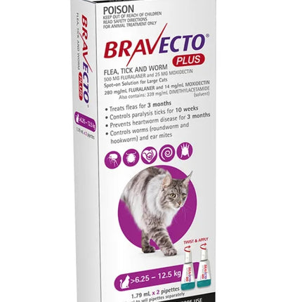 Bravecto Plus 6250-1250g Cat Flea Tick & Worm 2 X PIP 3 Months