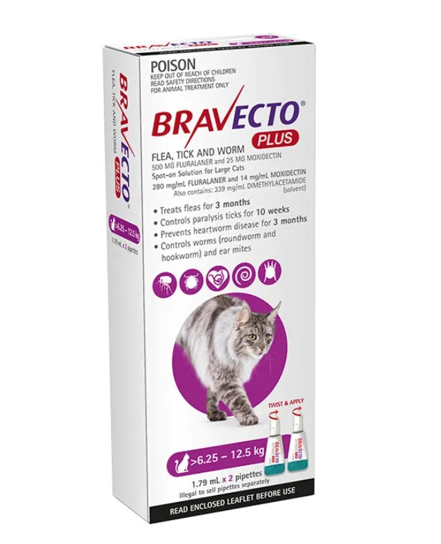 Bravecto Plus 6250-1250g Cat Flea Tick & Worm 2 X PIP 3 Months