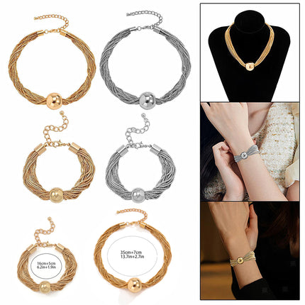 Chunky Ball Pendant Necklace and Bracelet Set Multi-Layer Chain Jewellery Gold Silver