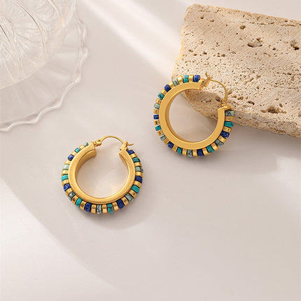 Vintage Turquoise Hoop Earrings Handmade Beaded Brass Drop Earrings for Women