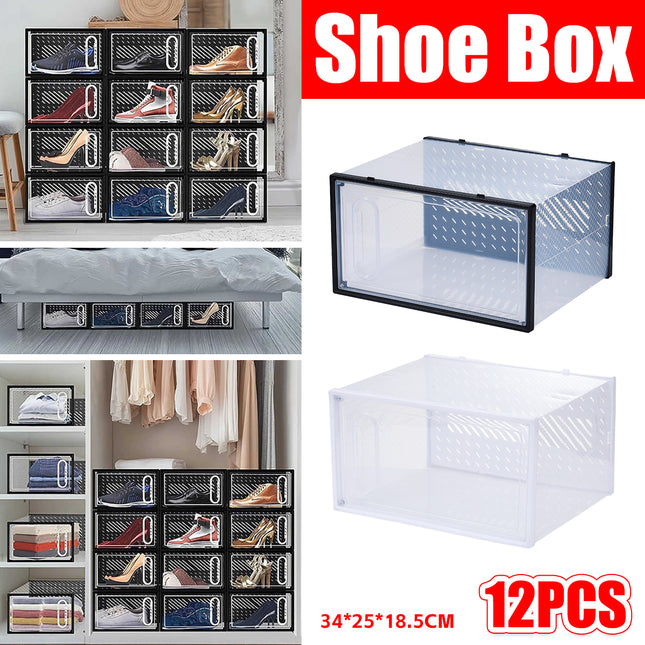12 Clear Shoe Storage Boxes Stackable Dustproof with Secure Suction Door