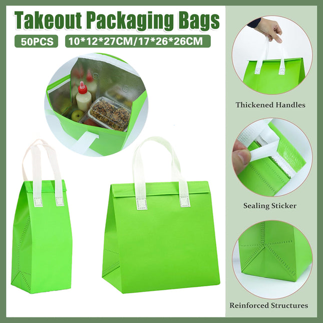50PCS Green Takeaway Packaging Bags with Handles and Self-Adhesive Seal