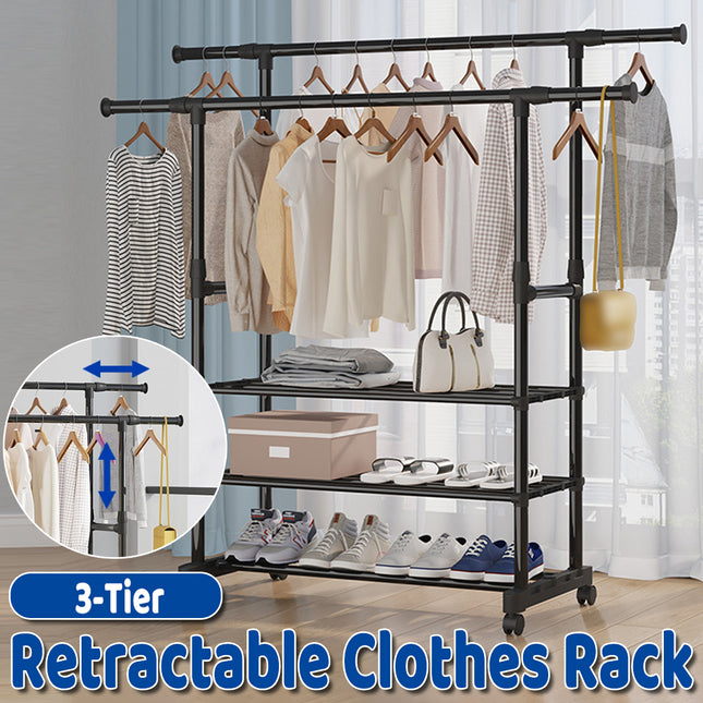 3-Tier Adjustable Height Rolling Clothes Rack Retractable Moveable with Wheels