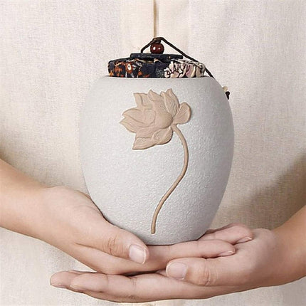 Ceramic Pet Memorial Urn for Ashes Lotus Design Keepsake Cat Dog Cremation