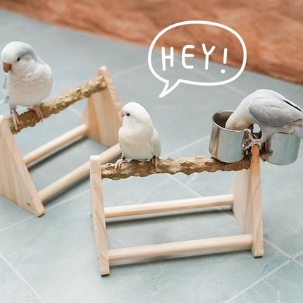 Solid Wood Parrot Desktop Training Rack Station with Food Basin Durable