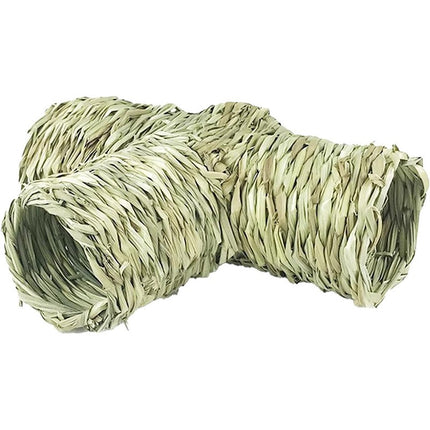 Handmade Woven Grass Pet Tunnel T Shape Hideout Toy for Hamster Guinea Pig