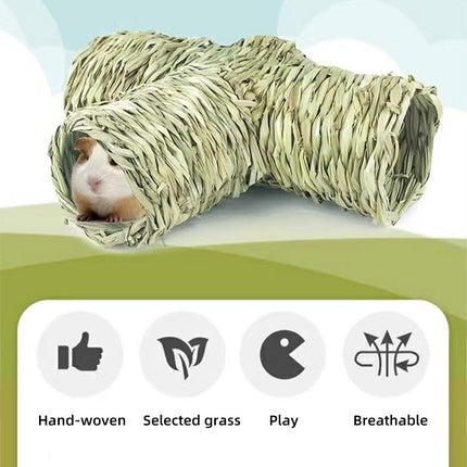 Handmade Woven Grass Pet Tunnel T Shape Hideout Toy for Hamster Guinea Pig