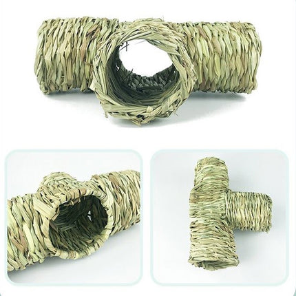 Handmade Woven Grass Pet Tunnel T Shape Hideout Toy for Hamster Guinea Pig