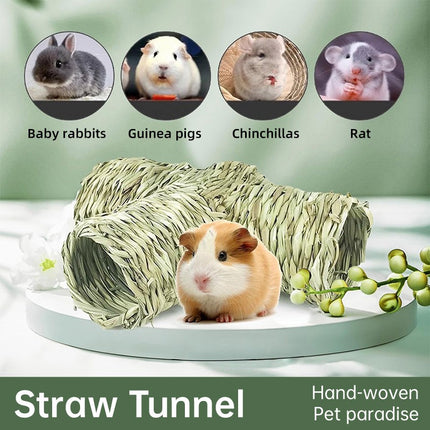 Handmade Woven Grass Pet Tunnel T Shape Hideout Toy for Hamster Guinea Pig