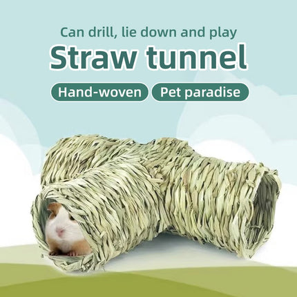 Handmade Woven Grass Pet Tunnel T Shape Hideout Toy for Hamster Guinea Pig
