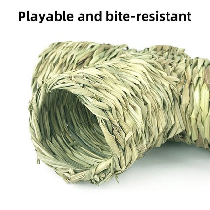 Handmade Woven Grass Pet Tunnel T Shape Hideout Toy for Hamster Guinea Pig