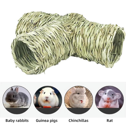Handmade Woven Grass Pet Tunnel T Shape Hideout Toy for Hamster Guinea Pig