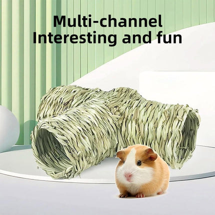 Handmade Woven Grass Pet Tunnel T Shape Hideout Toy for Hamster Guinea Pig