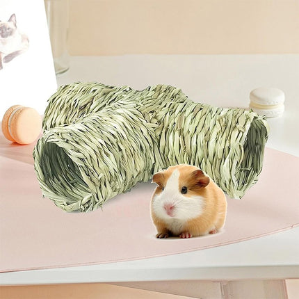 Handmade Woven Grass Pet Tunnel T Shape Hideout Toy for Hamster Guinea Pig