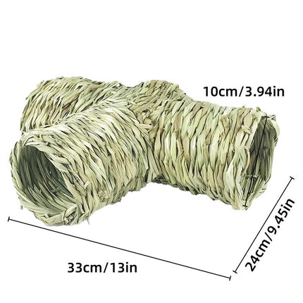 Handmade Woven Grass Pet Tunnel T Shape Hideout Toy for Hamster Guinea Pig