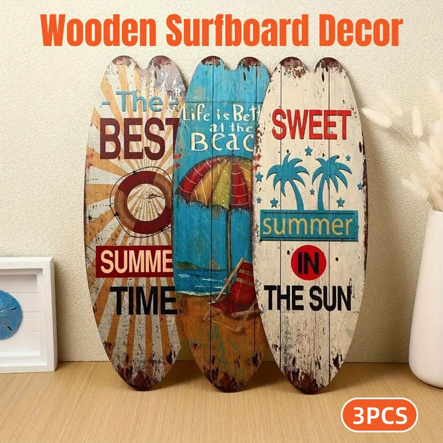 Wooden Surfboard Wall Sign 3PCS Vintage Beach Quote Coastal Decor Hanging Set