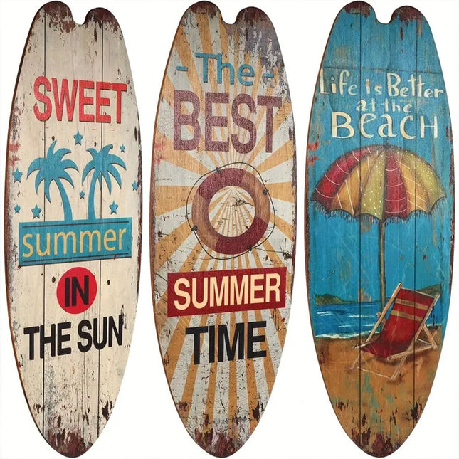 Wooden Surfboard Wall Sign 3PCS Vintage Beach Quote Coastal Decor Hanging Set