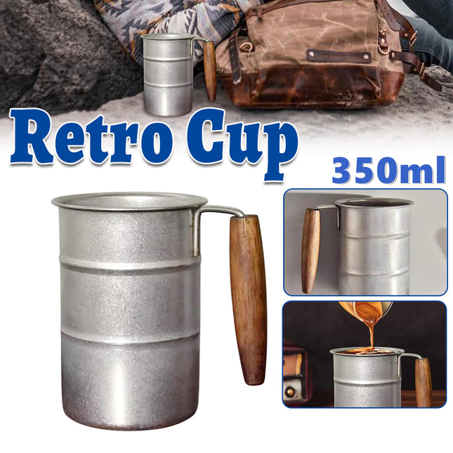 Retro Stainless Steel Cup 350ml Wood Handle Vintage Drum Camping Mug