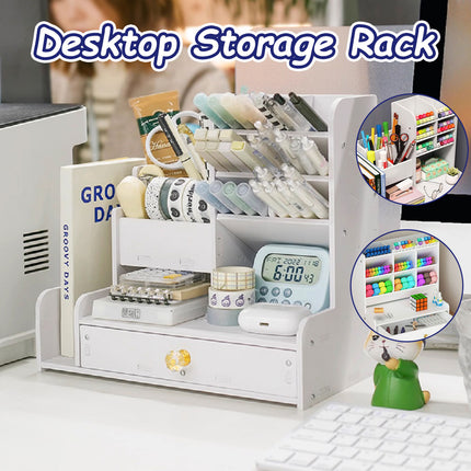 Desktop Stationery Organiser Rack with Side Bookend Drawer for Pens Markers