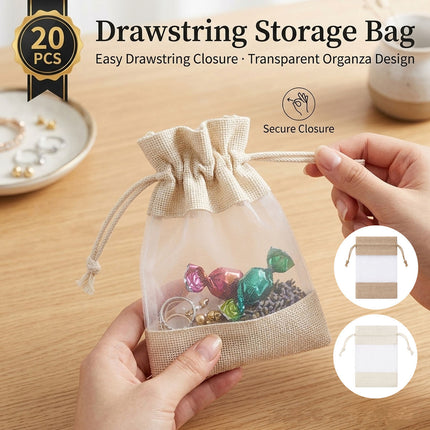 Linen Mesh Drawstring Bags 20 Pack 15x20.5cm Beige Brown