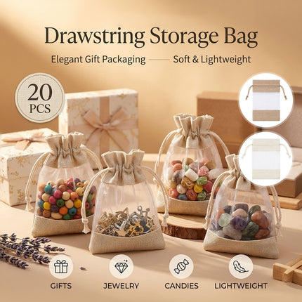 Linen Mesh Drawstring Bags 20 Pack 10x15.5cm Beige Brown