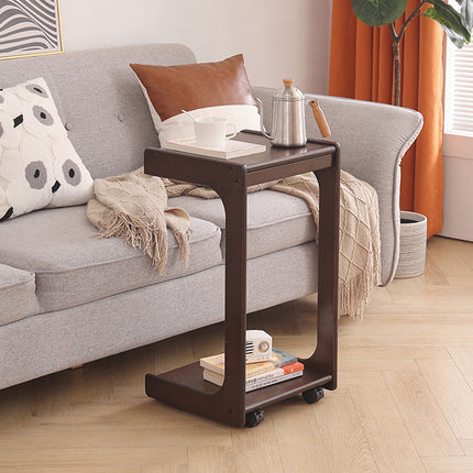 Solid Wood Rolling Coffee Table Mobile Side Table with Wheels 2-Tier Home Use