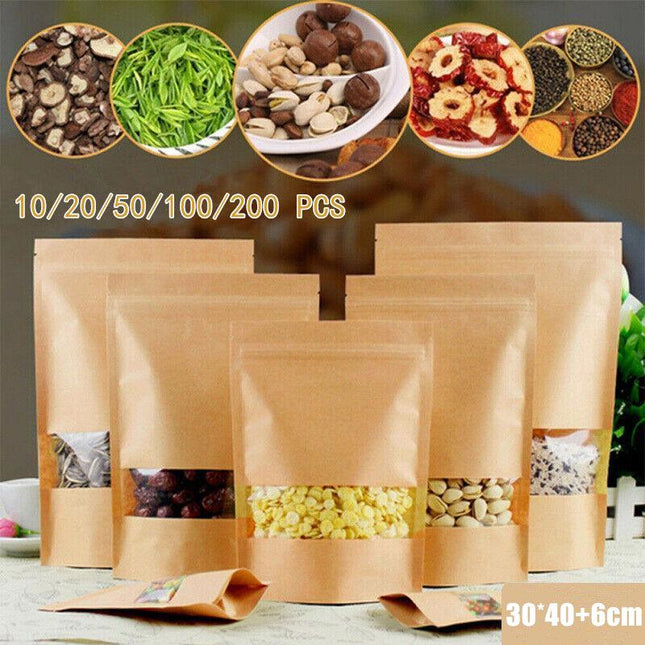 30*40+6cm Kraft Paper Bags Stand Up Zip Lock Resealable Window Pouches Heat Seal - Aimall