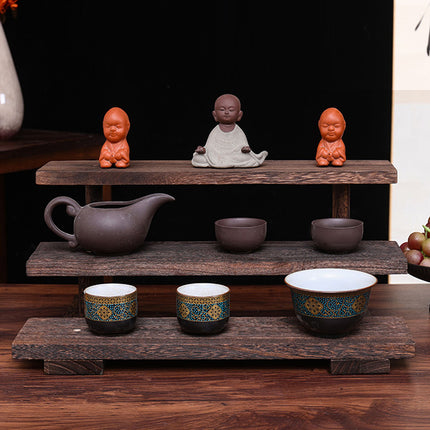 Solid Wood Step Shelf Display Rack Rustic Style Sturdy Durable Space Saving