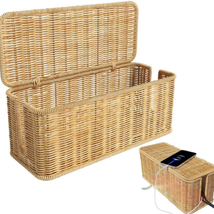 Desktop Cable Management Box with Cover Rattan Style Power Cord Organizer Case