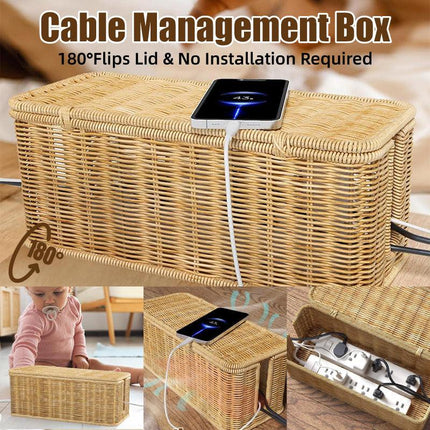 Desktop Cable Management Box with Cover Rattan Style Power Cord Organizer Case